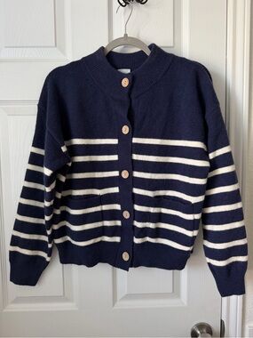 Cielo Navy White Striped Cardigan Sweater Coastal Preppy Women’s L